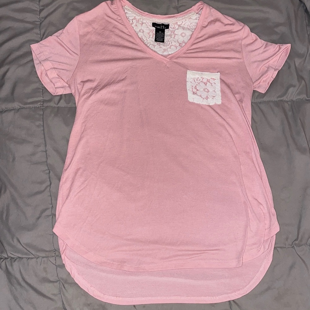 Rue21 Juniors Pink and White Lace Pocket T-Shirt